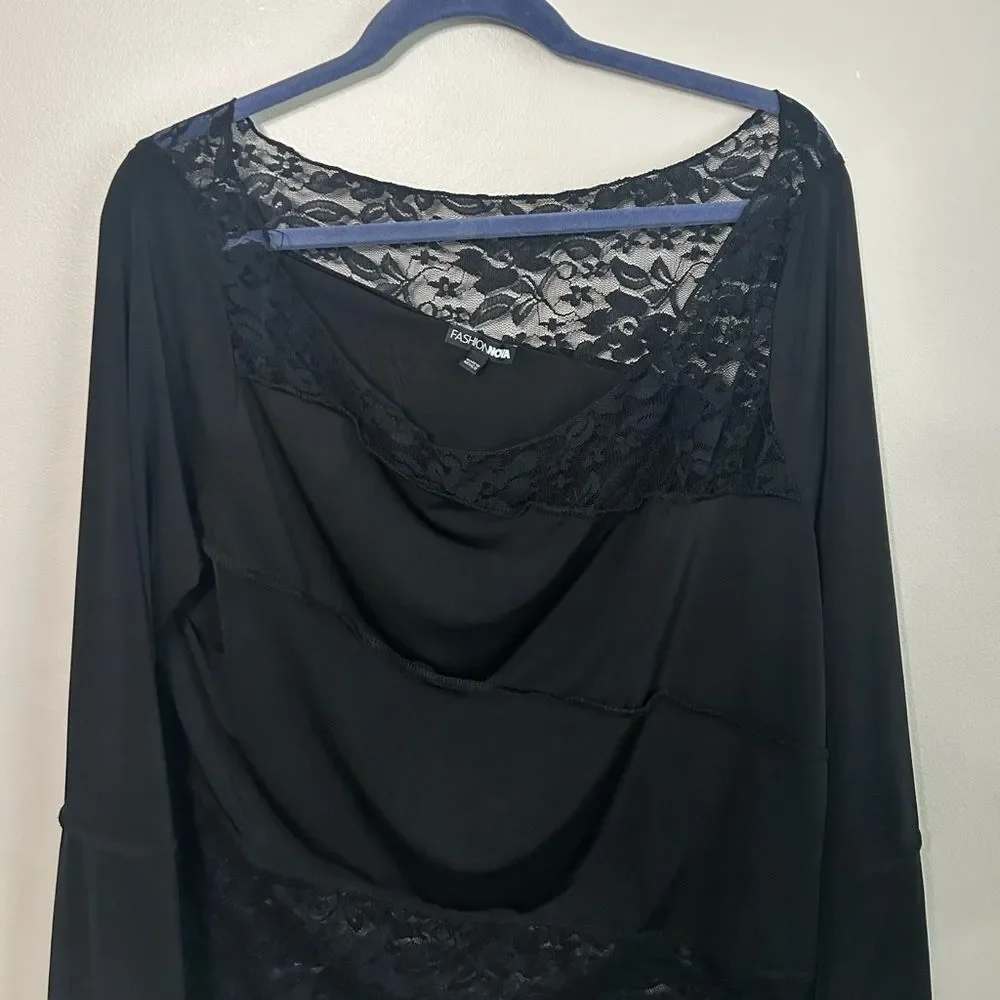 Fashion Nova Black Secrets Out Asymmetrical Lace Long Sleeve Top Size 3X